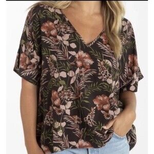 Natural Life Top S Brown Floral Print Boxy V Neck Popover Boho Neutral Tropical